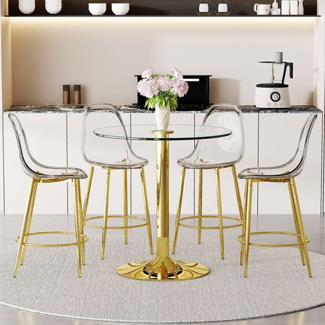 Conjunto de bar (89x89x92 cm), mesa redonda de vidrio con 4 taburetes transparentes, base metálica dorada (1/5)