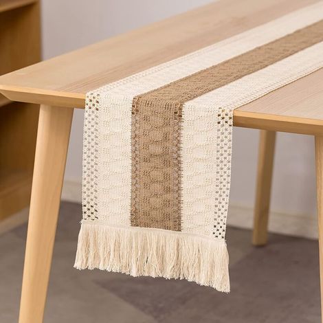 Makramee Tischläufer, Esstischläufer 30x180 cm Naturbaumwolle und Leinen, Boho Häkelquaste Tischdekoration (1/4)
