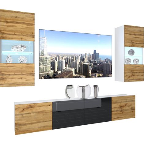 BELINI - Unité Murale TV NEX I Ensemble Muebles de Salon Complet I Ensemble Meuble TV avec Illumination LED I Dimensions: 200 x 180 x 36 cm I Coleur: chêne wotan/Noir très Brillant 2 (1/5)