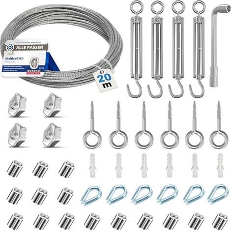 20 m Stahlseilset, 3 mm dickes Metallseil, M5-Spannschloss, Edelstahl, Wandhaken mit Ösen, Pflanzenstützen… - (1/5)