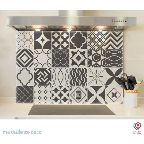 Fond de hotte : Carreaux ciment gris foncé et blanc - Verre trempé - 60 cm - 45 cm (1/5)