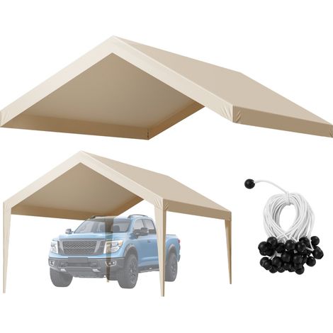 Toile Rechange Carport, 6,09x3,65 m, Bâche Toit Abri Voiture, Couverture Supérieure Tente Garage Portable, Résistante UV Imperméable, avec Cordons Élastiques à Billes, Beige, Cadre Non Inclus (1/5)
