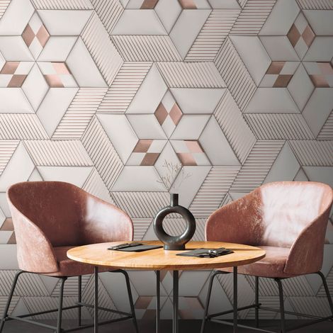 Fototapete Profhome 391782 heißgeprägte Vliestapete glatt mit geometrischen Formen matt weiß creme-weiß bronze 1,59 m x 2,8 m