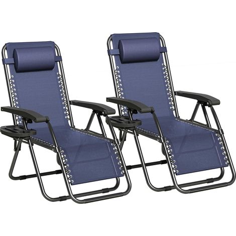 Set of 2 Zero Gravity Reclining Folding Outdoor & Garden Chairs with Textilene Fabric, Cup Holder and Headrest Pillow BLACK FRAME & BLUE TEXTILENE (1/5)