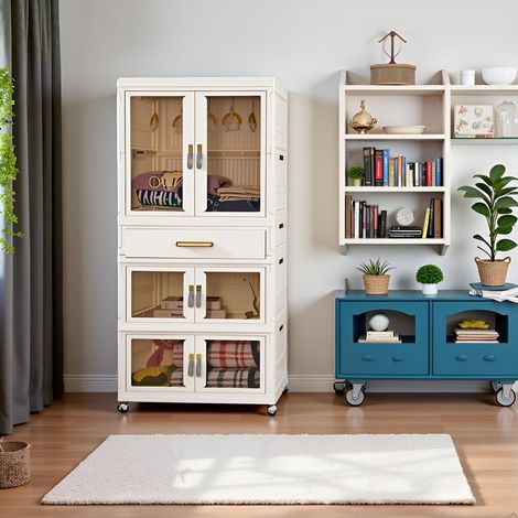 Armoire pliante en plastique avec portes magnétiques et roulettes, 1 suspension et 3 espaces de rangement, 64 x 42 x 161,5 cm, armoire polyvalente stable et robuste pour la maison (1/5)
