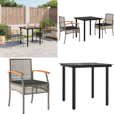 3-tlg. Garten-Essgruppe mit Kissen Grau Poly Rattan - Gartenstuhl - Gartentisch (1/5)