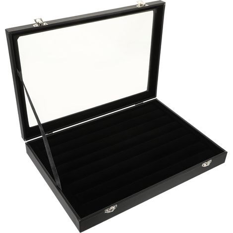 Boîte à Bijoux Simple et Décorative en Cuir Pu Noir avec Couvercle en Verre, Grosse Capacité pour Organiser Bagues et Colliers, pour Anniversaire ou Présent (1/5)