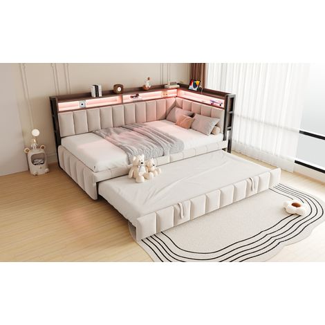 Cama nido 90/200 cm beige de terciopelo con LED, puertos USB/Type-C y estantes (1/5)