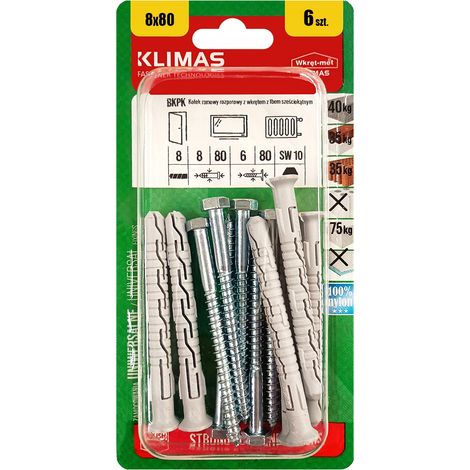 Chevilles De Cadre Klimas 8 x 80 Avec Tete Hexagonale SW-10, Blister De 6