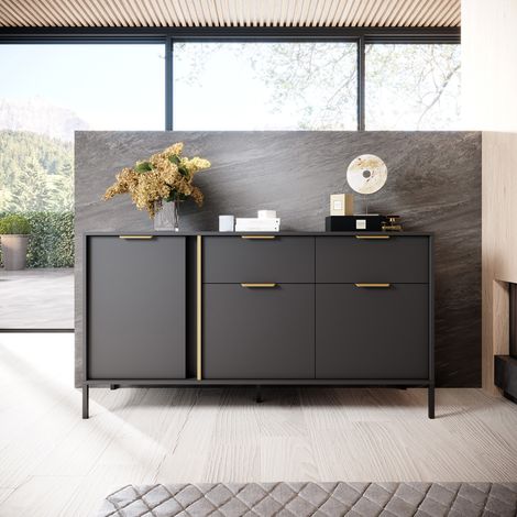 Credenza Hametesi, Aparador 2 Cajones, 3 Estantes, Puerta Abatible, Deslizante, 153x40x81h cm Negro (1/5)