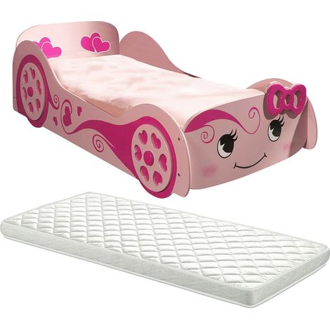 LOVELY - Lit Voiture 90x200cm Rose Motifs Coeurs + Matelas (1/4)