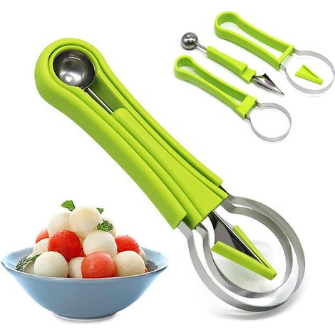 Ensemble de 4 cuillères à melon en 1 - Cuillère à pastèque, outil de sculpture et d'épépinage pour créer des formes de fruits, vert (1/5)