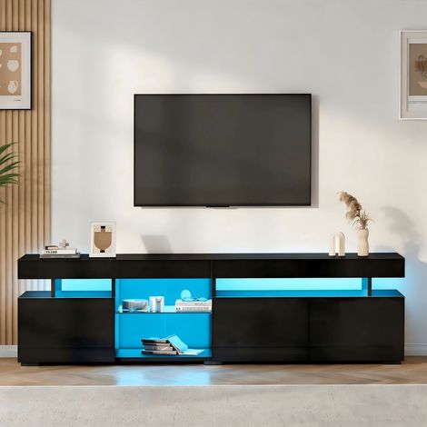 Meuble TV 180 x 35 x 45 cm brillant, lowboard avec 3 portes, étagères réglables en verre trempé – pour téléviseur jusqu'à 80 pouces (1/5)