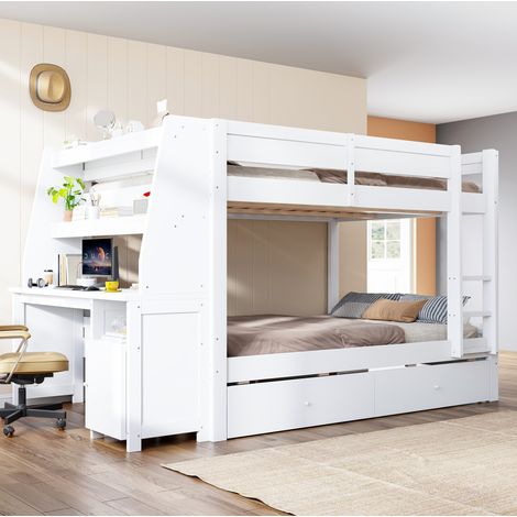 Cama litera 140 x 200 cm con escritorio y almacenaje, blanca DESVIAE (1/5)