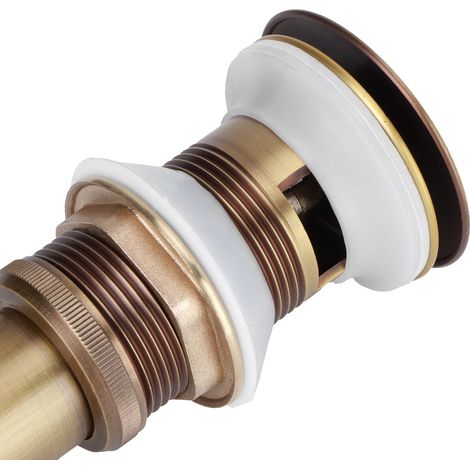 [Tapón de desagüe] Tapón de desagüe de baño de cobre antiguo con orificio y sin rebosadero, pomo grande con resorte para lavabos. (1/5)