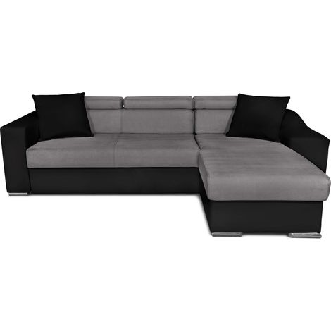 Canapé d'angle ELONA convertible bi-matière Gris et Noir avec poufs de rangement à gauche (1/5)