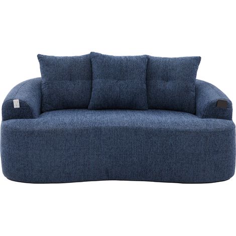 Divano 2 posti curvo in ciniglia blu con 3 cuscini decorativi (1/5)