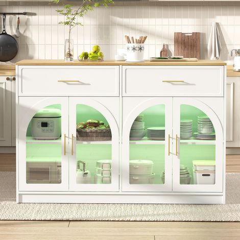 Îlot de cuisine avec éclairage LED et grand plan de travail, armoire de cuisine autoportante avec tiroirs, étagères réglables et portes cintrées en verre transparent pour salle à manger et cuisine (Bl (1/4)