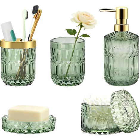 Lot de 5 Accessoires de Salle de Bain en Verre, Distributeur de Lotion, Porte Savon, Porte Brosse à Dents, Gobelet, Pot Coton-Tiges, Vert (1/5)