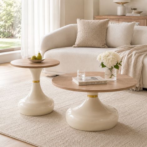 Table ronde en travertin Ø70 cm et Ø50 cm, lot de 2 tailles, plateau élégant, idéal pour tout espace intérieur. (1/5)