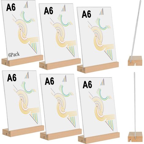 6 Pièces Pésentoi de Table A6 en Acylique Tanspaent avec Pied en Bois - Suppot pou Menus, Publicité, Photos, Étiquettes de Pix - Double Fonction (Doit/Incliné) - Pou Café, estauant (1/5)
