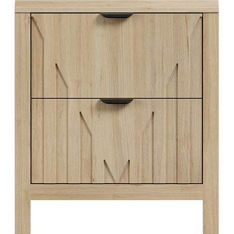 Comodino in effetto quercia con 2 cassetti e maniglie in metallo, stile Mid-Century Modern, 1 pezzo (1/5)