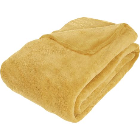 Atmosphera – Plaid microfibre jaune ocre 230x180 cm – Ultra doux 100 % polyester – Lavable en machine à 30°C – Épaisseur 1 cm