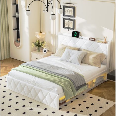 Bettgestell 160x200 cm Weiß Lammfell-Optik mit LED-Beleuchtung, USB-Ladefunktion und Stauraum (1/5)