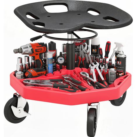 HOMCOM taburete de taller móvil con bandeja magnética, ruedas, altura ajustable de 52–59,5 cm, carga 135 kg, para garaje, reparación de auto, rojo
