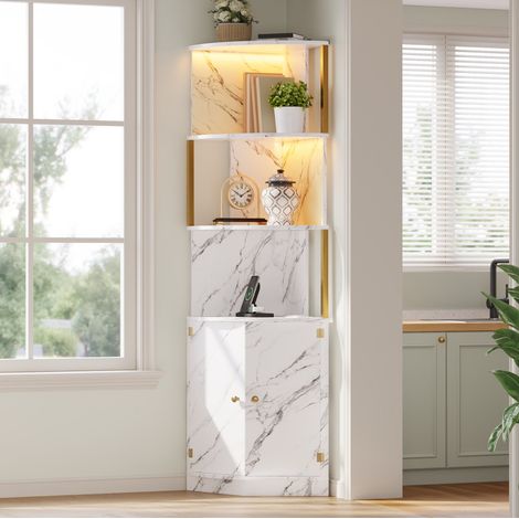 Armadio angolare 38x38x180 cm con contenitori aperti e chiusi, salvaspazio, MDF bianco effetto marmo (1/5)