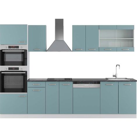 Küchenzeile R-Line, Blau-Grau/Weiß, 300 cm mit Hochschrank, AP Anthrazit, Vicco