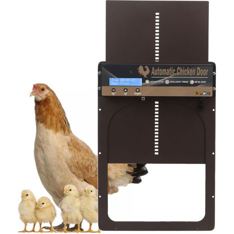 Porte de poulailler métallique à commande automatique par capteur de luminosité, minuterie et télécommande porte de poulailler automatique 3 en 1 pour élevages, norme européenne 100-240 V (1/5)