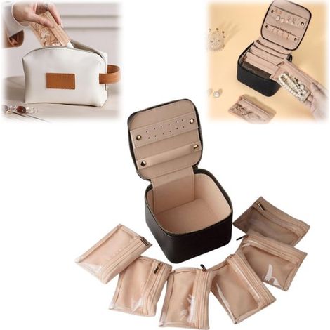 Boîte à bijoux en cuir 12,5 x 9 cm - organisateur à 6 compartiments, noire (1/5)