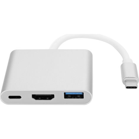 Adaptateur multiport 3 en 1 USB-C vers USB-C HDMI 3.0 pour PC OS X et téléphones portables (Argent)