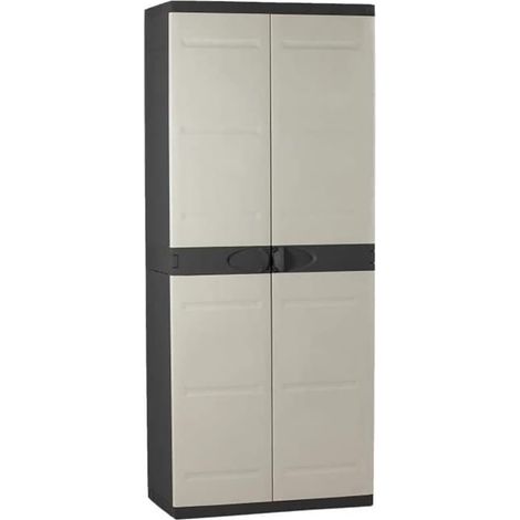 Pegane – Armoire de rangement 2 portes en résine noir/taupe – Dimensions 70x44x176 cm – 4 étagères réglables – Utilisation intérieure/extérieure (1/3)