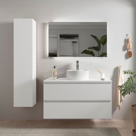 Meuble de salle de bain BEQUIA 100cm Blanc mat Vasque à poser (1/3)