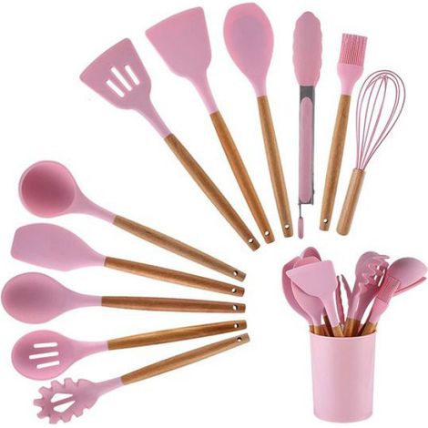 Lot de 12 ustensiles cuisine, silicone alimentaire, poignées bambou, résistance chaleur, cuisson antiadhésive, maison (1/5)