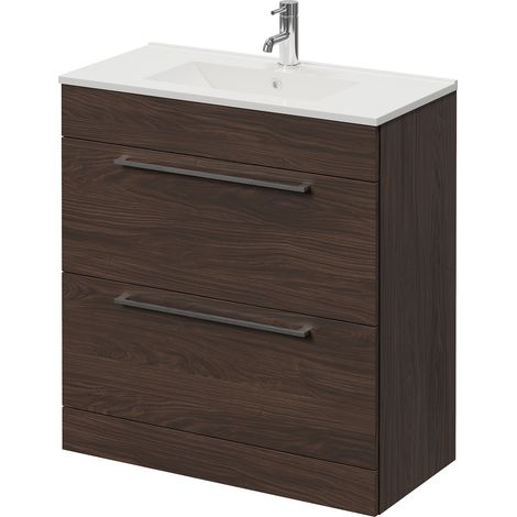Napoli 390 Brown Oak 800mm 2 Drawer Vanity Unit with Angel Basin - 800mm - Chrome 480mm Handle