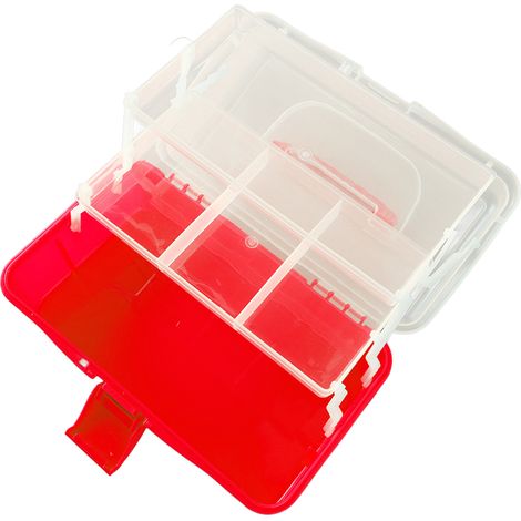 Boîte à outils pliable en plastique à trois compartiments avec poignée de transport, organisateur multifonctionnel adapté aux arts, aux loisirs créatifs, aux cosmétiques et aux accessoires. (Rouge) (1/5)