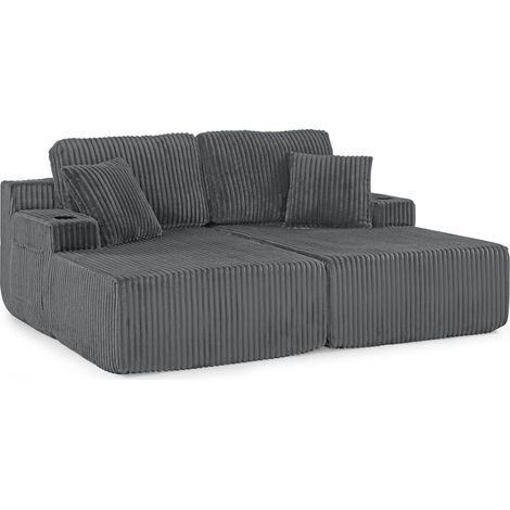 2-Sitzer Schlafsofa grau aus Cord mit Seitentasche und Getränkehalter (1/5)
