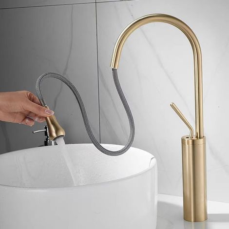 Ulisem Robinet d'évier, 1 trou unique avec tuyau de 60 cm, cuisine de camping-car, buanderie, ferme, camping, bar, commode, or brossé (1/4)