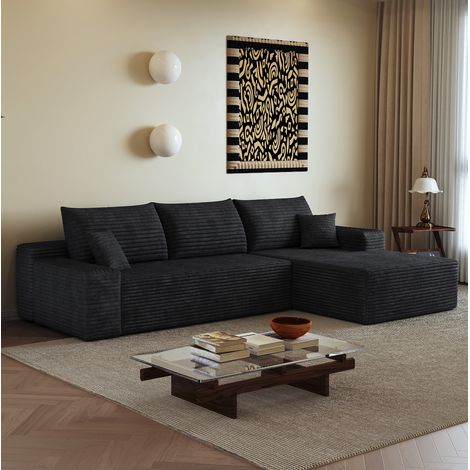 Canapé d'angle modulable réversible tissu noir HAVRYA (1/5)