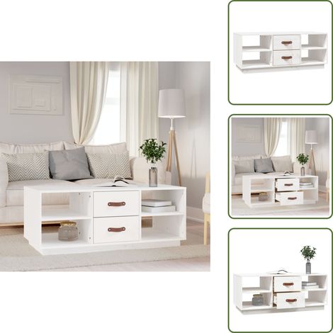 Table basse Blanc 100x50x41 cm Bois massif de pin - Table Basse Blanche - Meuble Salle Séjour - Table Bois Massif - Table D'appoint Design - Rangement Tiroir Étagère (1/5)