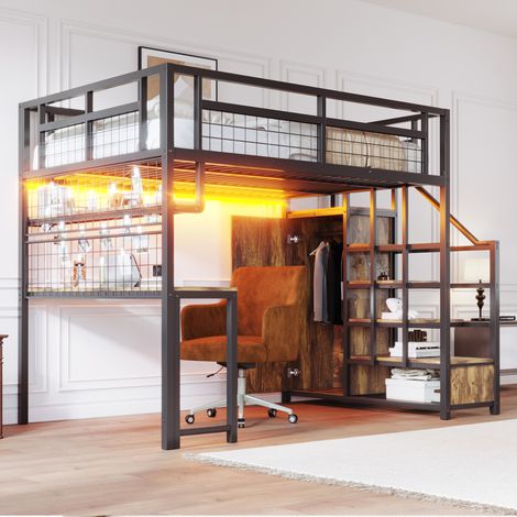 CHICFURN Cama alta 140x200 negra con escritorio, escalera con almacenaje y enchufe (1/5)