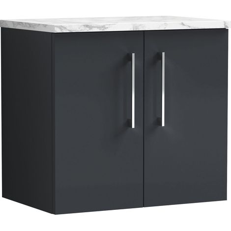 Nuie Arno Wall Hung 2-Door Vanity Unit with Carrera Marble Worktop 600mm Wide - Satin Anthracite (1/4)