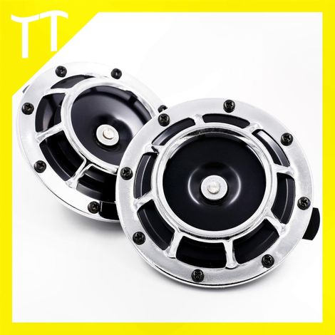Klaxon pneumatique électrique compact, 12 V, 115 dB, son puissant et retentissant, compatible motos et voitures, lot de 2, couleur argent.