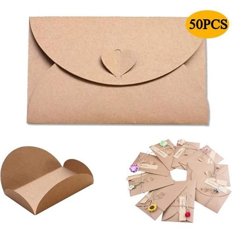 Enveloppes en Papier Kraft,WOVTE 50pcs Enveloppes de Carte-Cadeau avec Fermoir Coeur,Enveloppes Mignonnes Faites à la Main,Sac de (1/4)