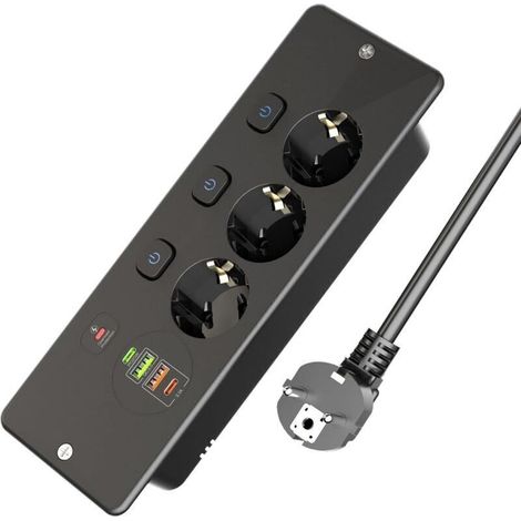 Multiprise encastrable à 3 Prises avec 2 Ports USB A et 2 USB C, Prise Encastrable de Table avec Interrupteur Individuel pour Meuble ou Plan de Travail, Noir (1/4)
