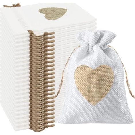 24Pcs Motif de Coeur Sachets en Toile de Jute Pochettes 1014CM,pour Bijoux Boite Dragees Mariage Bonbons Adeaux Cadeau (Blanche) (1/4)