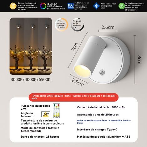 Lampe murale magnétique sans fil, rechargeable, trois couleurs réglables, télécommande (1/5)
